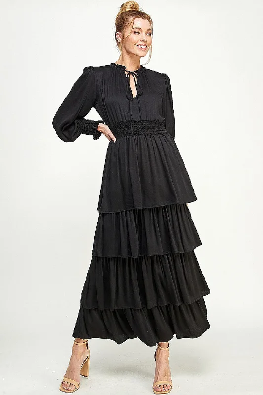 Bodycon dress with a lace - up front​Long Sleeve Tiered Maxi Dress