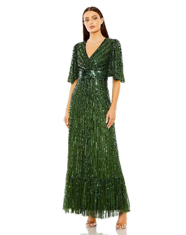 Bodycon dress with a mesh insert for a stylish edgeMac Duggal 23010 Long Flutter Sleeve Deep V Ruffle Hem Sequin Dress Bodycon dress with a mesh insert for a stylish edgeMac Duggal 23010 Long Flutter Sleeve Deep V Ruffle Hem Sequin Dress