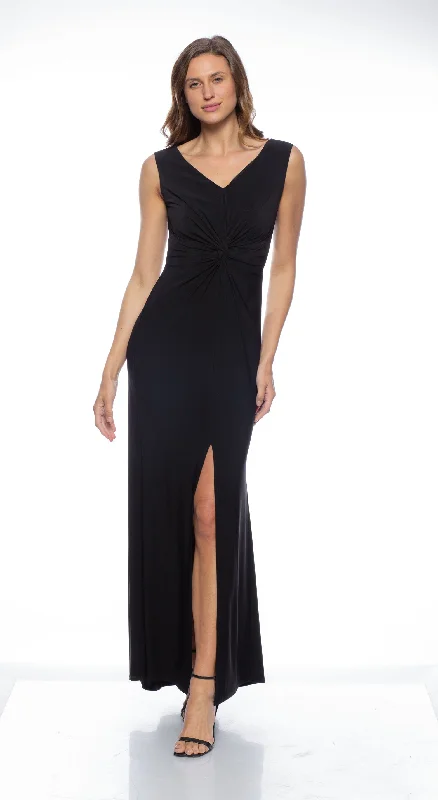 Bodycon dress with a pleated bodice​Marina  Long V Neck Knot Front Dress