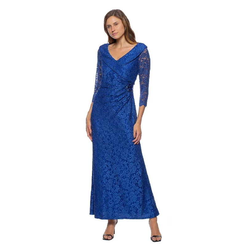 Bodycon dress for a bridal shower​Marina  Long V Neck Shirr Lace Dress