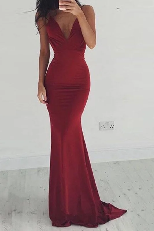 Satin party dresses with a smooth and lustrous finishMermaid Deep V-Neck Backless Burgundy Satin Prom Dress PG437 Satin party dresses with a smooth and lustrous finishMermaid Deep V-Neck Backless Burgundy Satin Prom Dress PG437