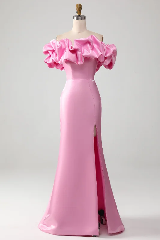 Formal dresses with high - low hems and floral embroidery for a unique prom styleMermaid Off the Shoulder Pink Prom Dress with Split Front Formal dresses with high - low hems and floral embroidery for a unique prom styleMermaid Off the Shoulder Pink Prom Dress with Split Front