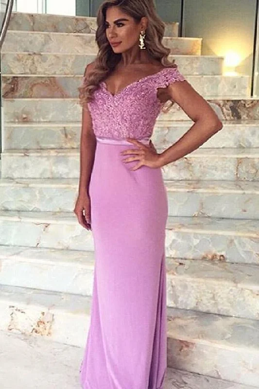 Halter - neck party dresses for a stylish and secure fitMermaid Off-the-Shoulder Train Satin Prom Dress with Appliques Lace PG407 Halter - neck party dresses for a stylish and secure fitMermaid Off-the-Shoulder Train Satin Prom Dress with Appliques Lace PG407