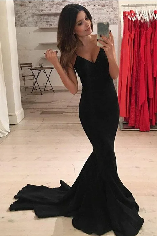 80s - inspired party dresses with bold colors and big shouldersMermaid Spaghetti Straps Sweep Train Black Satin Prom Dress PG415 80s - inspired party dresses with bold colors and big shouldersMermaid Spaghetti Straps Sweep Train Black Satin Prom Dress PG415