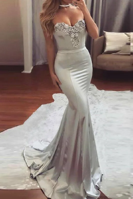 Tea - length party dresses for a sophisticated and versatile optionMermaid Sweetheart Sweep Train Satin Prom Dress with Beading PG390 Tea - length party dresses for a sophisticated and versatile optionMermaid Sweetheart Sweep Train Satin Prom Dress with Beading PG390