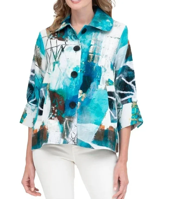 Oversized women's wool coats in a monochromatic look for a trendy outfitOil Painting Jacket In Turquoise White Oversized women's wool coats in a monochromatic look for a trendy outfitOil Painting Jacket In Turquoise White