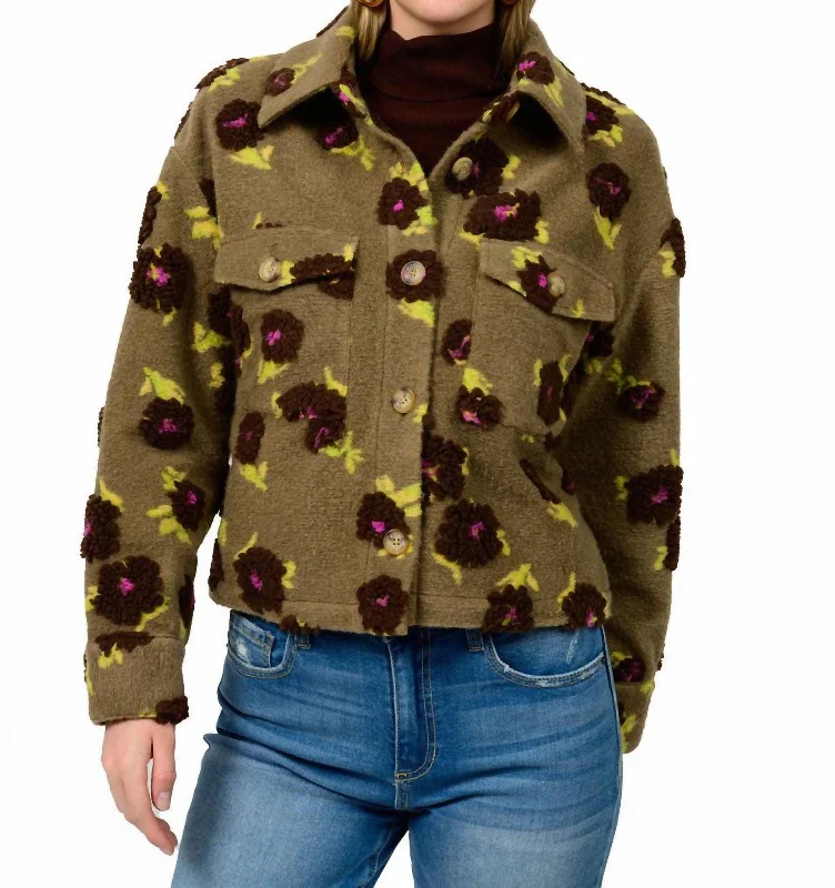 Women's faux fur coats in bright colors for a bold fashion statementPuff Floral Barn Jacket In Mocha Women's faux fur coats in bright colors for a bold fashion statementPuff Floral Barn Jacket In Mocha