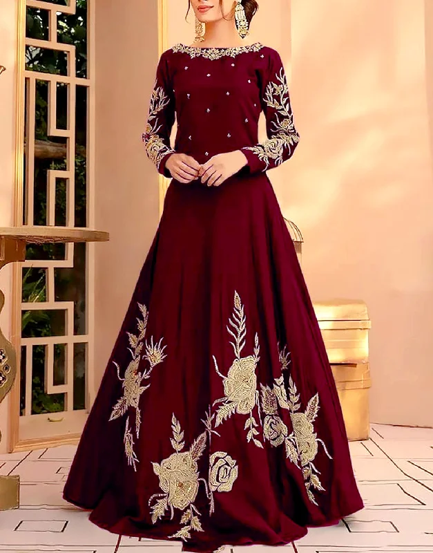 Retro - style party dresses inspired by the 1920s - 1980sReadymade Embroidered Maroon Shamoz Silk Maxi (DZ15322) Retro - style party dresses inspired by the 1920s - 1980sReadymade Embroidered Maroon Shamoz Silk Maxi (DZ15322)