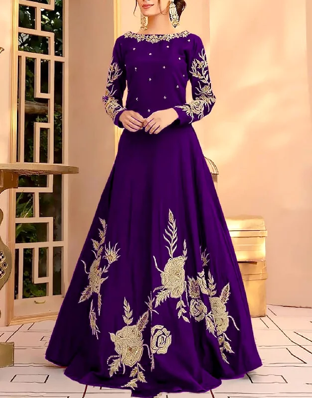 Party dresses with a metallic - thread embroidery for a luxurious touchReadymade Embroidered Purple Shamoz Silk Maxi (DZ15334) Party dresses with a metallic - thread embroidery for a luxurious touchReadymade Embroidered Purple Shamoz Silk Maxi (DZ15334)