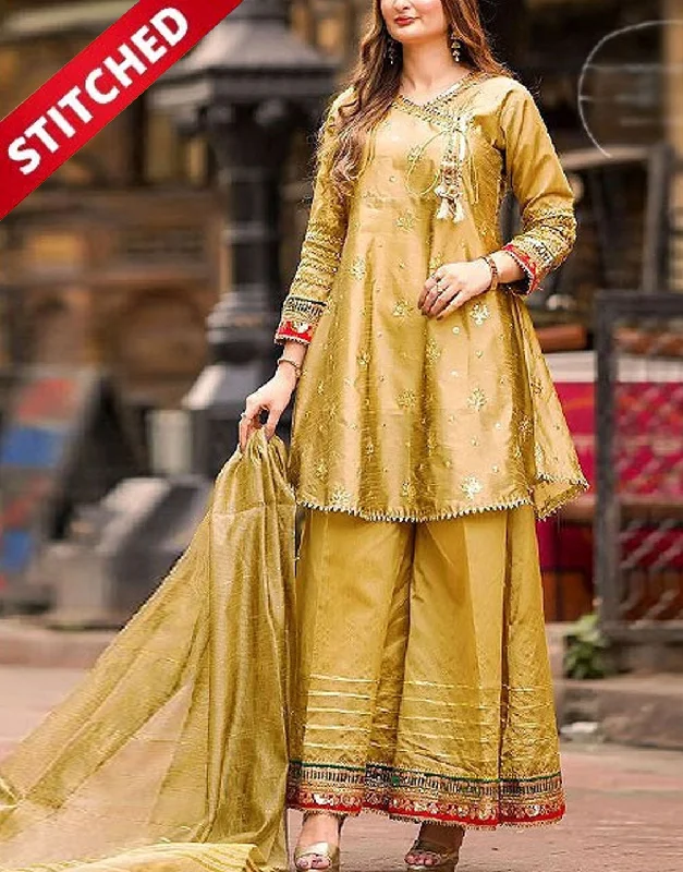 Party dresses with a denim material for a casual yet stylish look​Ready-to-Wear Angrakha Style Embroidered Raw Silk Party Wear Dress 2024 (DZ16861)