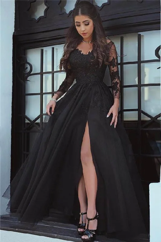 Midi - length party dresses for a modest and fashionable choiceSlit Glamorous Lace Black Long Sleeve Prom Dress Evening Dress PG431 Midi - length party dresses for a modest and fashionable choiceSlit Glamorous Lace Black Long Sleeve Prom Dress Evening Dress PG431