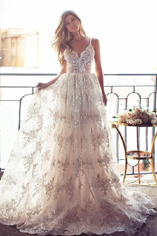Party dresses with a detachable train for added versatilitySpaghetti Straps Lace A-line Backless Wedding Dress Bridal Gowns PG378 Party dresses with a detachable train for added versatilitySpaghetti Straps Lace A-line Backless Wedding Dress Bridal Gowns PG378