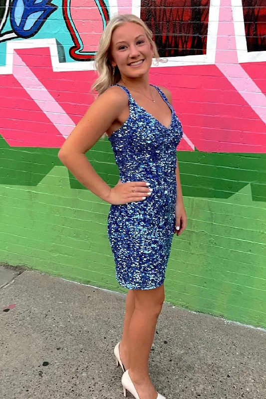 Retro - style party dresses inspired by the 1920s - 1980sSparkly Light Blue V-Neck Tight Sequins Short Party Dress Retro - style party dresses inspired by the 1920s - 1980sSparkly Light Blue V-Neck Tight Sequins Short Party Dress