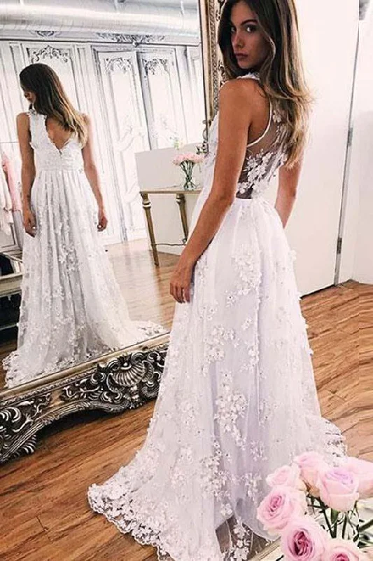 Party dresses with a geometric pattern for a contemporary lookSweep-train A-line White Lace V-neck Prom Dress Evening Dress PG417 Party dresses with a geometric pattern for a contemporary lookSweep-train A-line White Lace V-neck Prom Dress Evening Dress PG417