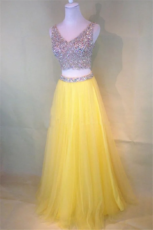 Party dresses with a pom - pom trim for a fun and festive touchTwo-Piece Beaded Sleeveless V-Neck Tulle Yellow Prom Dresses PG380 Party dresses with a pom - pom trim for a fun and festive touchTwo-Piece Beaded Sleeveless V-Neck Tulle Yellow Prom Dresses PG380