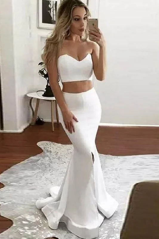 Party dresses with a detachable train for added versatilityTwo Piece Mermaid Sweetheart Sweep Train Ivory Prom Dress with Split PG428 Party dresses with a detachable train for added versatilityTwo Piece Mermaid Sweetheart Sweep Train Ivory Prom Dress with Split PG428
