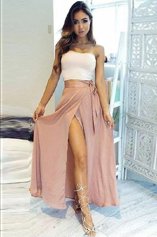 Tea - length party dresses for a sophisticated and versatile optionTwo Piece Strapless Ankle-Length High Split Chiffon Prom Dress PG433 Tea - length party dresses for a sophisticated and versatile optionTwo Piece Strapless Ankle-Length High Split Chiffon Prom Dress PG433