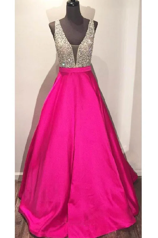 Party dresses with a unique neckline, like a sweetheart or square neckV-neck Floor-length Ball Gown Hot Pink Satin Prom Dress With Beading PG379 Party dresses with a unique neckline, like a sweetheart or square neckV-neck Floor-length Ball Gown Hot Pink Satin Prom Dress With Beading PG379