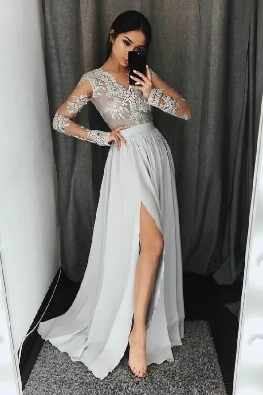 Backless party dresses for a sexy and alluring appearanceV-Neck Long Sleeves Light Grey Chiffon Prom Dress with Appliques PG435 Backless party dresses for a sexy and alluring appearanceV-Neck Long Sleeves Light Grey Chiffon Prom Dress with Appliques PG435