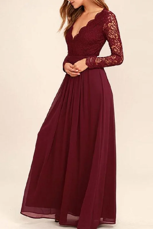 Party dresses with a mermaid silhouette for a figure - hugging fitV-neck Long Sleevs Dark Burgundy Lace Chiffon Prom Dress Evening Dress PG409 Party dresses with a mermaid silhouette for a figure - hugging fitV-neck Long Sleevs Dark Burgundy Lace Chiffon Prom Dress Evening Dress PG409