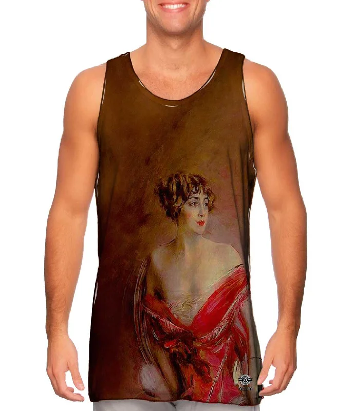 Plus Size Women's Ruffled Hem Tank Tops with Floral PrintsGiovanni Boldini - "Mlle de Gillespie" (1912) Plus Size Women's Ruffled Hem Tank Tops with Floral PrintsGiovanni Boldini - "Mlle de Gillespie" (1912)