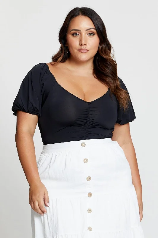 Plus - Size Bodysuits with a Comfortable and Flattering FitBlack Front Bodysuit Puff Sleeve Jersey Ruched Plus - Size Bodysuits with a Comfortable and Flattering FitBlack Front Bodysuit Puff Sleeve Jersey Ruched
