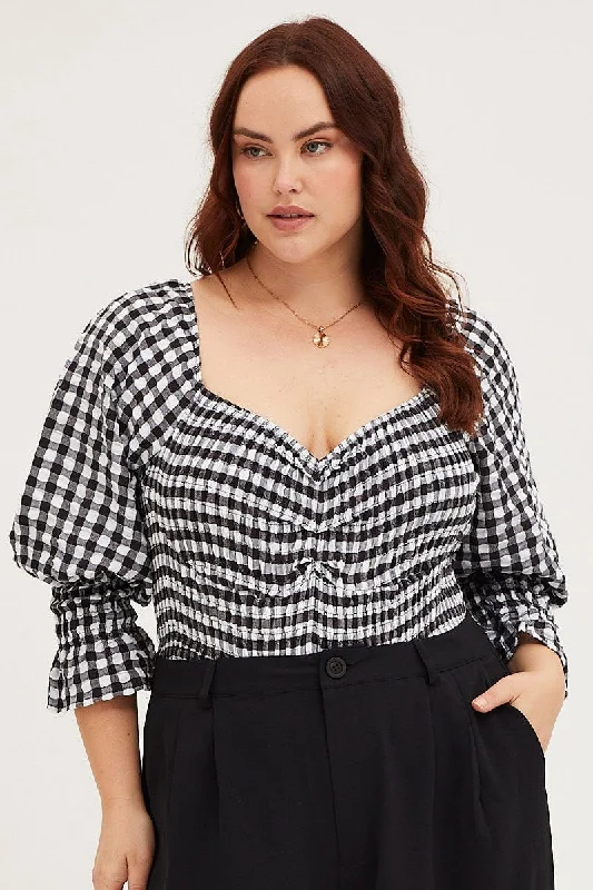 Crop Bodysuits to Pair with High - Waisted BottomsCheck 3/4 Sleeve Gingham Shirred Bodysuit Crop Bodysuits to Pair with High - Waisted BottomsCheck 3/4 Sleeve Gingham Shirred Bodysuit