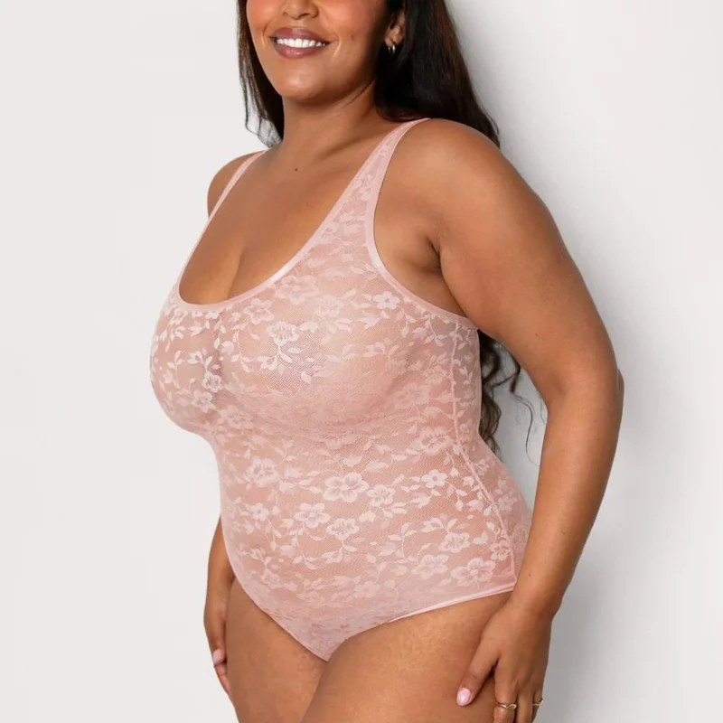 Neon Bodysuits to Stand Out at PartiesCurvy Couture No-Show Lace Bodysuit Blushing Rose