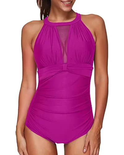 Plus Size Women's Boho - Style One - Pieces in Multicolor with Tassels for a Festival VibeElegant Tummy Control Mesh Plunge Neck One Piece Swimsuit For Women-Hot Pink Plus Size Women's Boho - Style One - Pieces in Multicolor with Tassels for a Festival VibeElegant Tummy Control Mesh Plunge Neck One Piece Swimsuit For Women-Hot Pink