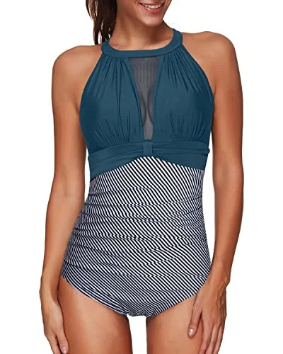 Women's Long - Sleeve Turtleneck One - Pieces in Navy for a Sophisticated Winter EnsembleCharming Push-Up One Piece Swimsuit Neck Hook For Women-Teal Stripe Women's Long - Sleeve Turtleneck One - Pieces in Navy for a Sophisticated Winter EnsembleCharming Push-Up One Piece Swimsuit Neck Hook For Women-Teal Stripe