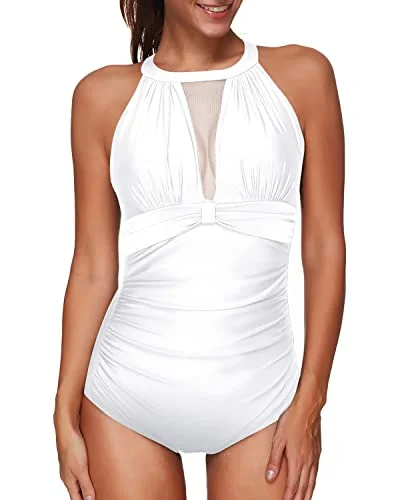 Women's Cut - Out One - Pieces in Black with Geometric Shapes for a Modern and Edgy StyleStylish Tummy Control High Neck Ruched Mesh Monokini For Women-White Women's Cut - Out One - Pieces in Black with Geometric Shapes for a Modern and Edgy StyleStylish Tummy Control High Neck Ruched Mesh Monokini For Women-White
