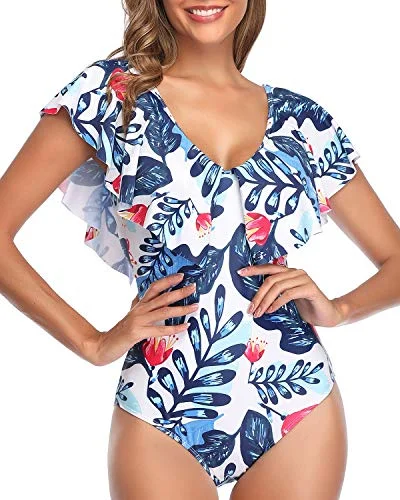 Plus Size Women's Floral Print Maxi One - Pieces in Multicolor for a Spring Garden PartyTrendy Bathing Suit Flounce Sleeve V Neck One Piece Swimsuit-White And Blue Floral Plus Size Women's Floral Print Maxi One - Pieces in Multicolor for a Spring Garden PartyTrendy Bathing Suit Flounce Sleeve V Neck One Piece Swimsuit-White And Blue Floral
