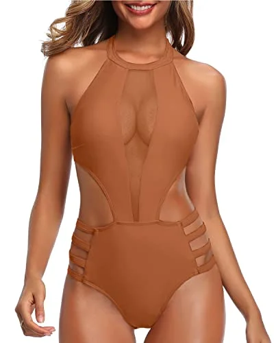 Women's Plaid Patterned One - Pieces in Red and Black for a Classic Fall LookSlimming And Glamorous Sexy One Piece Bathing Suit For Women-Brown Women's Plaid Patterned One - Pieces in Red and Black for a Classic Fall LookSlimming And Glamorous Sexy One Piece Bathing Suit For Women-Brown