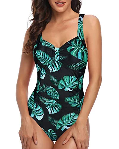 Plus Size Women's Animal Print One - Pieces in Leopard for a Bold and Trendy StatementLong Torso Slimming Shaping Tummy Control One Piece Swimsuits-Black And Green Leaf Plus Size Women's Animal Print One - Pieces in Leopard for a Bold and Trendy StatementLong Torso Slimming Shaping Tummy Control One Piece Swimsuits-Black And Green Leaf
