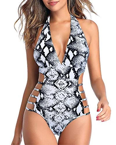 Women's Cut - Out One - Pieces in Black with Geometric Shapes for a Modern and Edgy StyleSoft Wide Halter Top Plunge V Neck Halter Bathing Suits-Black And White Snake Print Women's Cut - Out One - Pieces in Black with Geometric Shapes for a Modern and Edgy StyleSoft Wide Halter Top Plunge V Neck Halter Bathing Suits-Black And White Snake Print