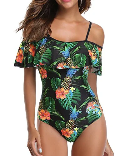 Women's Lace - Embellished One - Pieces in Cream for a Romantic and Vintage - Inspired LookRuffled Retro Bathing Suit Flounce Printed Swimwear Off Shoulder One Piece Swimsuit-Black Pineapple Women's Lace - Embellished One - Pieces in Cream for a Romantic and Vintage - Inspired LookRuffled Retro Bathing Suit Flounce Printed Swimwear Off Shoulder One Piece Swimsuit-Black Pineapple
