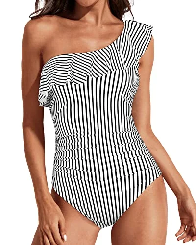 Women's Long - Length One - Pieces in Gray with Asymmetric Hem for a Contemporary and Fashionable LookStriped Women's Tummy Control Ruffle One Shoulder Swimsuit-Black And White Stripe Women's Long - Length One - Pieces in Gray with Asymmetric Hem for a Contemporary and Fashionable LookStriped Women's Tummy Control Ruffle One Shoulder Swimsuit-Black And White Stripe