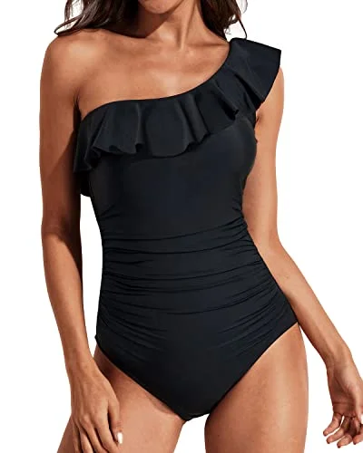 Plus Size Women's Striped One - Pieces in Navy and White for a Nautical - Inspired EnsembleRetro Women's Tummy Control Ruffle One Shoulder Swimsuit-Black Plus Size Women's Striped One - Pieces in Navy and White for a Nautical - Inspired EnsembleRetro Women's Tummy Control Ruffle One Shoulder Swimsuit-Black
