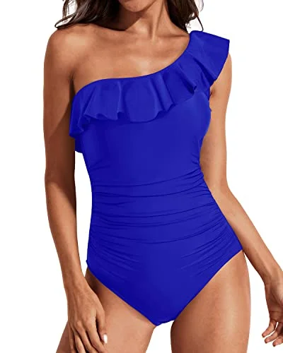 Plus Size Women's Animal Print One - Pieces in Leopard for a Bold and Trendy StatementFront Ruched One Shoulder Swimwear-Royal Blue Plus Size Women's Animal Print One - Pieces in Leopard for a Bold and Trendy StatementFront Ruched One Shoulder Swimwear-Royal Blue
