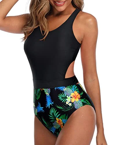 Plus Size Women's Floral Print Maxi One - Pieces in Multicolor for a Spring Garden PartyRacerback Zip Closure Tummy Control Women One Piece Swimsuits-Black Pineapple Plus Size Women's Floral Print Maxi One - Pieces in Multicolor for a Spring Garden PartyRacerback Zip Closure Tummy Control Women One Piece Swimsuits-Black Pineapple