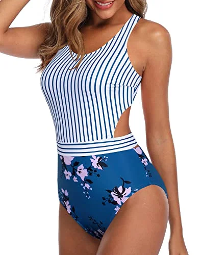 Women's Cut - Out One - Pieces in Black with Geometric Shapes for a Modern and Edgy StyleTeen Girls Tummy Control Cutout Bathing Suit-Blue Floral Women's Cut - Out One - Pieces in Black with Geometric Shapes for a Modern and Edgy StyleTeen Girls Tummy Control Cutout Bathing Suit-Blue Floral