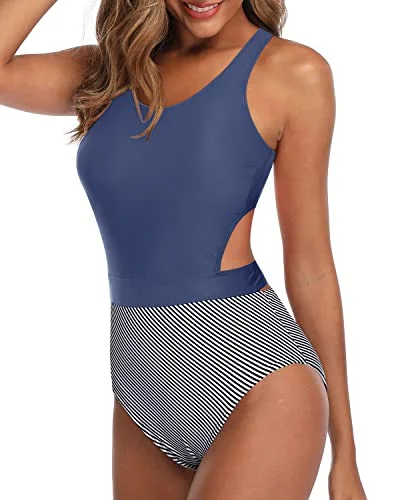 Women's Long - Length One - Pieces in Gray with Asymmetric Hem for a Contemporary and Fashionable LookModest Swimsuit Flattering Women One Piece Swimsuits-Blue White Stripe Women's Long - Length One - Pieces in Gray with Asymmetric Hem for a Contemporary and Fashionable LookModest Swimsuit Flattering Women One Piece Swimsuits-Blue White Stripe