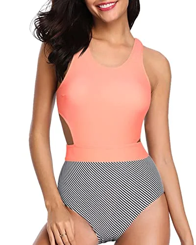 Women's Strapless One - Pieces in Royal Blue with Beaded Accents for a Formal EventTropical Printed Pattern Tummy Control Cutout Monokini-Coral Pink Stripe Women's Strapless One - Pieces in Royal Blue with Beaded Accents for a Formal EventTropical Printed Pattern Tummy Control Cutout Monokini-Coral Pink Stripe