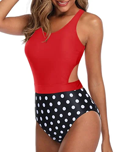 Women's Lace - Embellished One - Pieces in Cream for a Romantic and Vintage - Inspired LookAttractive Silhouette Tummy Control Cutout Monokini-Red Dot Women's Lace - Embellished One - Pieces in Cream for a Romantic and Vintage - Inspired LookAttractive Silhouette Tummy Control Cutout Monokini-Red Dot