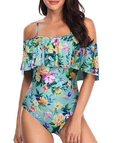 Women's Sleeveless One - Pieces in Yellow with Floral Appliques for a Cheerful and Spring - Like LookPadded Bra Off Shoulder One Piece Swimsuit-Mint Flowers Women's Sleeveless One - Pieces in Yellow with Floral Appliques for a Cheerful and Spring - Like LookPadded Bra Off Shoulder One Piece Swimsuit-Mint Flowers