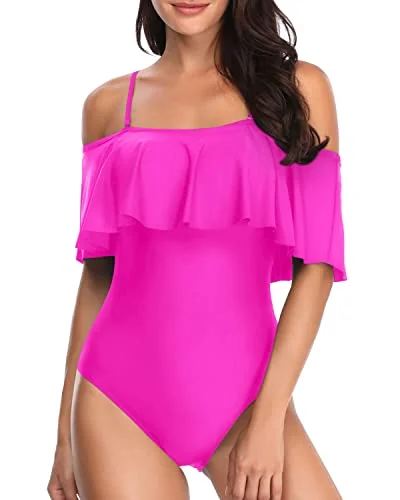 Plus Size Women's Button - Down One - Pieces in Light Blue for a Casual and Comfortable Day OutOff Shoulder Slimming Vintage One Piece Swimsuits-Neon Pink Plus Size Women's Button - Down One - Pieces in Light Blue for a Casual and Comfortable Day OutOff Shoulder Slimming Vintage One Piece Swimsuits-Neon Pink