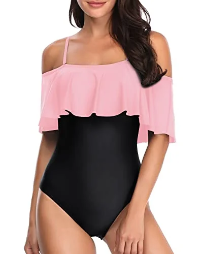 Women's Long - Length One - Pieces in Gray with Asymmetric Hem for a Contemporary and Fashionable LookWomen's Slimming Off Shoulder One Piece Bathing Suits-Pink And Black Women's Long - Length One - Pieces in Gray with Asymmetric Hem for a Contemporary and Fashionable LookWomen's Slimming Off Shoulder One Piece Bathing Suits-Pink And Black