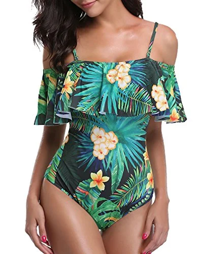 Plus Size Women's Striped One - Pieces in Navy and White for a Nautical - Inspired EnsembleGorgeous Off Shoulder One Piece Vacation Swimwear-Tropical Leaf Plus Size Women's Striped One - Pieces in Navy and White for a Nautical - Inspired EnsembleGorgeous Off Shoulder One Piece Vacation Swimwear-Tropical Leaf
