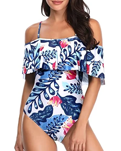 Plus Size Women's Boho - Style One - Pieces in Multicolor with Tassels for a Festival VibeSlimming Off Shoulder Vintage One Piece Swimsuits-White And Blue Floral Plus Size Women's Boho - Style One - Pieces in Multicolor with Tassels for a Festival VibeSlimming Off Shoulder Vintage One Piece Swimsuits-White And Blue Floral