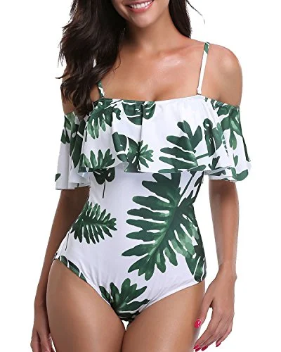 Plus Size Women's Animal Print One - Pieces in Leopard for a Bold and Trendy StatementWomen's Adjustable Padded Ruffle Swimsuit-White Leaf Plus Size Women's Animal Print One - Pieces in Leopard for a Bold and Trendy StatementWomen's Adjustable Padded Ruffle Swimsuit-White Leaf